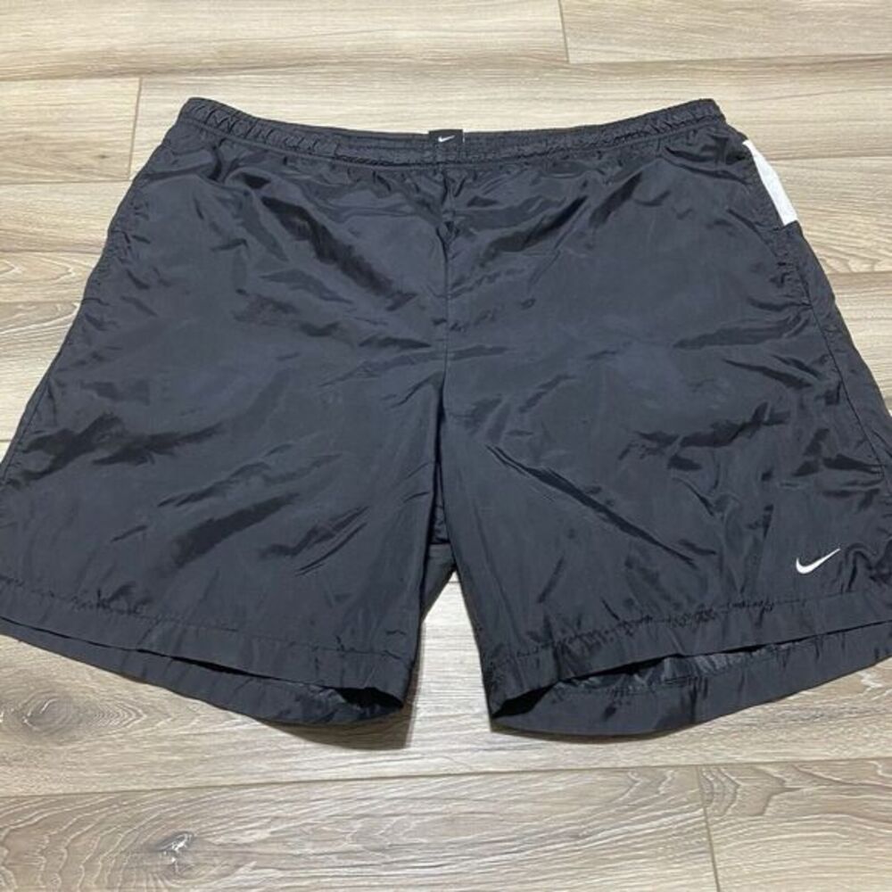 NWOT VTG 90s Nike Spell out Swoosh Shorts Swim Trunks Sewn Logo Lined mesh Black - Picture 3 of 11
